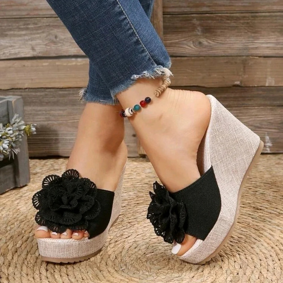 Women Flower Decor Sandals, Vacation Black Polyester Wedge Slide Sandals - Picture 1 of 8